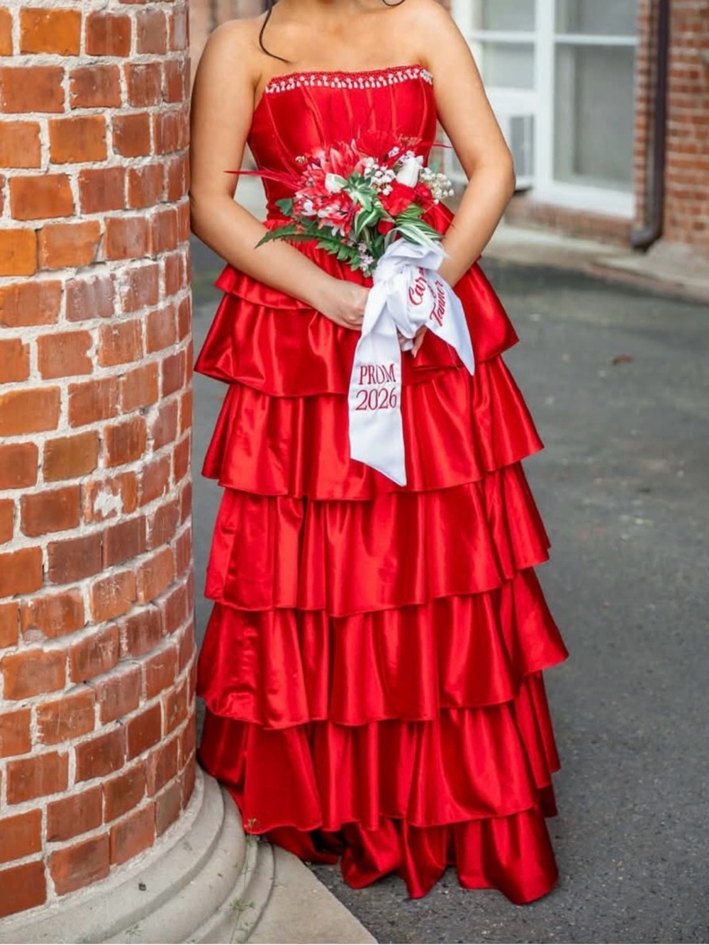 Strapless Red Tiered Ruffle Evening Dress with High Slit